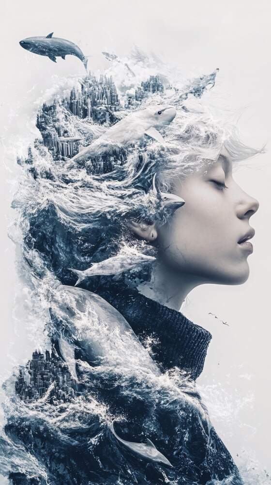 bienfaits de l'Eau visage femme profil avec de l'eau et des baleines autour de sa tête