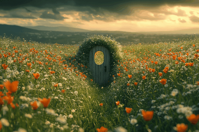 champs fleurs et coquelicots avec porte derrière, portail energetique mars 2021