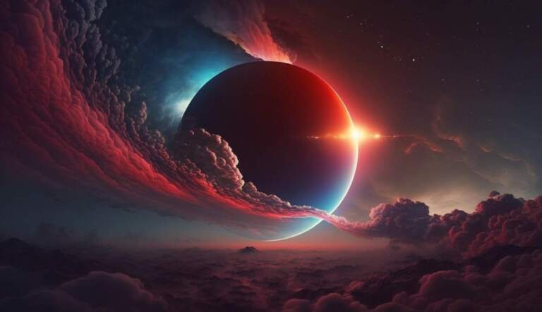 sphère dans le ciel avec couleur bleue et rougeâtre pleine lune et eclipse lunaire