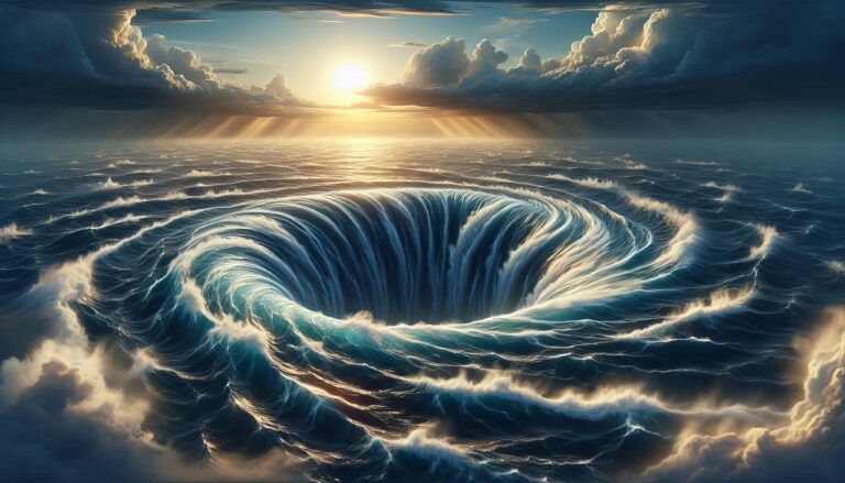 soleil brillant au fond devant un enorme tourbillon d'eau descendant